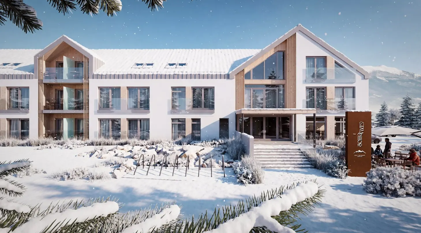 SOHO VUE zimą na tle ośnieżonych Karkonoszy